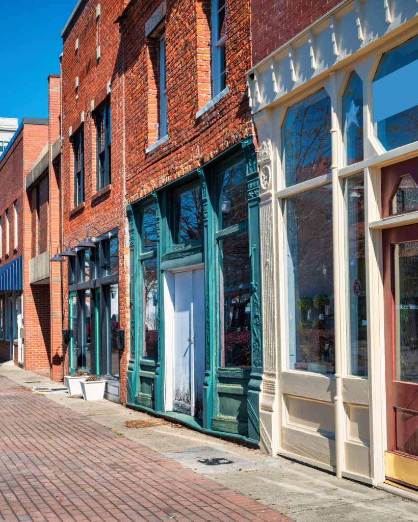 Row of ornate businesses in downtown Fayetteville, North Carolina, USA.